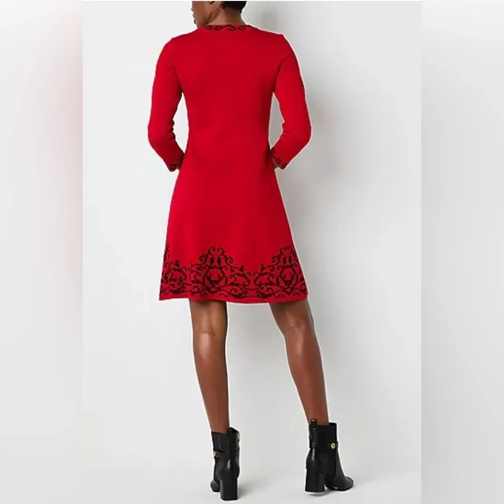 NWT SZ S Jessica Howard 3/4 Sleeve Red w/Black Scroll Sweater Dress - Picture 3 of 11